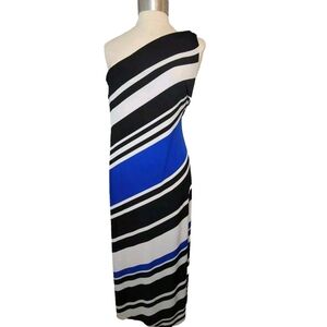 Cache Women's XL Asymmetrical One-Shoulder Bodycon Black White Stripe Midi Dress